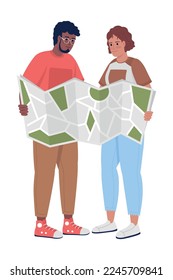 Young couple with paper map semi flat color vector characters. Editable figure. Full body people on white. Route planning simple cartoon style illustration for web graphic design and animation