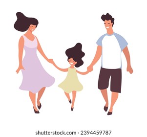 Young couple of parents holding hands and walking with daughter, flat cartoon vector isolated on white background. Parenthood concept.