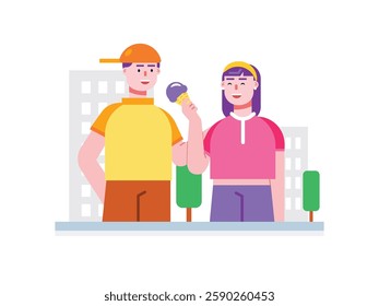 Young couple in the park enjoying ice cream in summer. Design character. Vector flat illustration