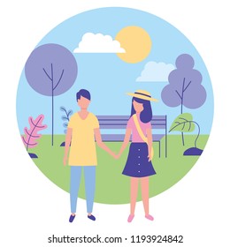 young couple in park with landscape
