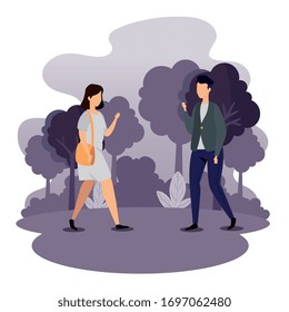 young couple in park landscape vector illustration design