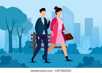 young couple in park landscape vector illustration design