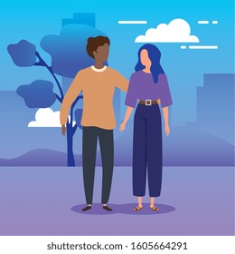 young couple in park nature vector illustration design