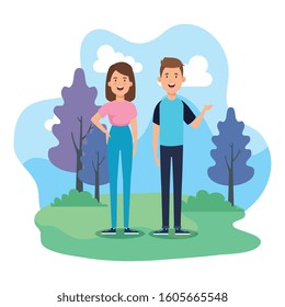 young couple in park nature vector illustration design