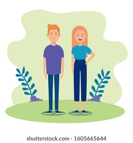 young couple in park nature vector illustration design