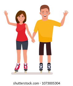 Young couple in park ride rollerblades isolated in a white background. Summer vacation. Cartoon vector character illustration.