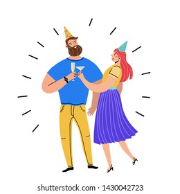 Young couple at a party with glasses of of alcohol. A man and a woman together at the festival.Vector Illustration. Cartoon character.