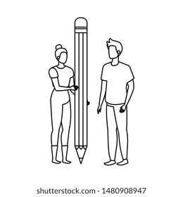 young couple with pencil characters