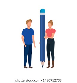 young couple with pencil characters