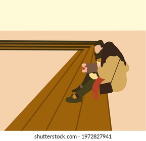 Young couple people without mask relax in the urban public space sitting on the stairs. Freedom Concept, Quarantine Is Over.
