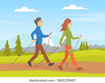 Young Couple Performing Nordic Walking in Park, People in Sports Outfit Enjoying Walking in Open Air Cartoon Vector Illustration