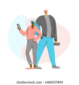 Young couple with phones standing together Teenagers characters isolated. Boy and girl full lenth. Vector flat illustartion.