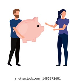 young couple with piggy savings characters