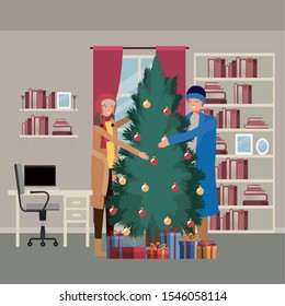 young couple with pine tree christmas indoor house vector illustration design