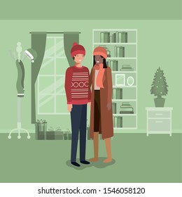 young couple with pine tree christmas indoor house vector illustration design