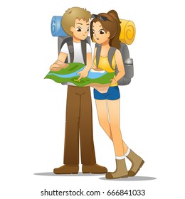 Young couple planning the route and looking at map isolated on white 