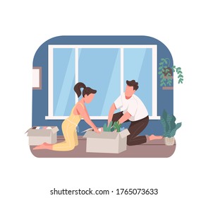 Young couple planting flowers 2D vector web banner, poster. Boyfriend and girlfriend packing houseplants together flat characters on cartoon background. Printable patch, colorful web element