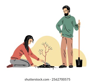 Young couple planting a tree. A man and a woman work together in the garden. Caring for nature. Happy people outdoors. Flat vector art illustration isolated on white