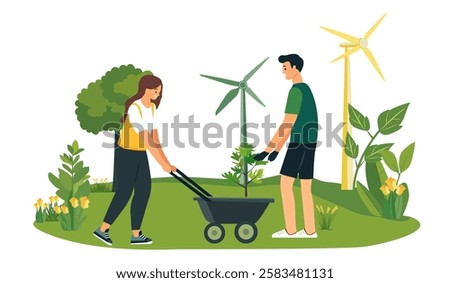 Young couple planting trees and working together for environmental protection, a flat vector illustration with a white background. This concept depicts an eco-friendly lifestyle and sustainability