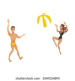 Young couple play beach ball. Beautiful smiling people with suntan in swimsuits jump playing volleyball. Concept for summer vacation and holiday time banner or card. Cartoon style vector illustration.