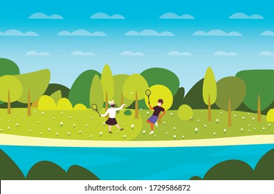 young couple playing badminton guy girl wearing medical masks to prevent coronavirus pandemic covid-19 quarantine concept landscape background horizontal full length vector illustration
