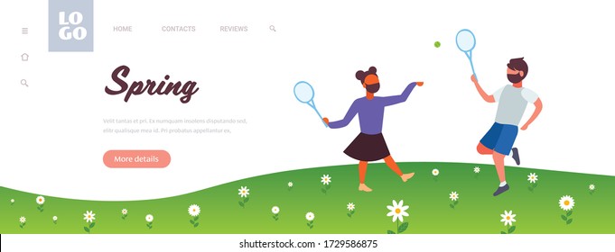 joven pareja jugando a la chica de bádminton usando máscaras médicas para prevenir la pandemia del coronavirus covid-19 concepto de cuarentena paisaje fondo copia horizontal espacio largo completo ilustración vectorial