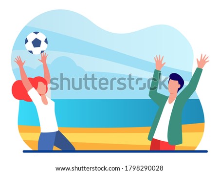 Young couple playing with ball on sea beach. Travel, fun, player flat vector illustration. Summer vacation and sport game concept for banner, website design or landing web page