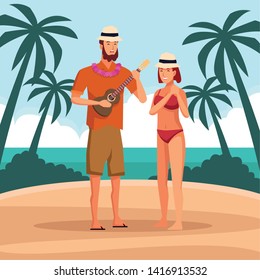Young couple playing guitar at beach,summer and vacations cartoons. vector illustration graphic design