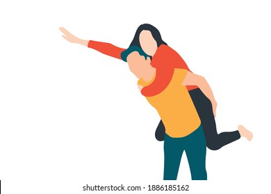Joven pareja jugando juntos y divirtiéndose, aislada ilustración plana en colores de moda, retrato sin rostro