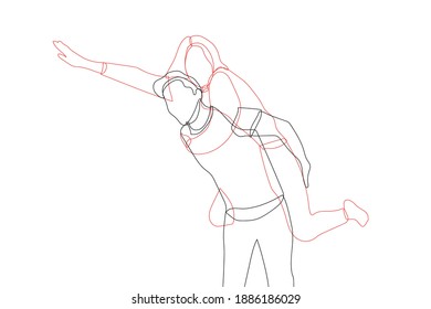 Young couple playing together and having fun, isolated sketch illustration in trendy colors