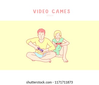 Young couple playing video game. hand drawn style vector doodle design illustration