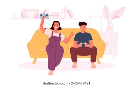 Young couple playing video games. Happy man and woman spending time at home together. A couple of lovers use a video console and a joystick. Simple joys of life