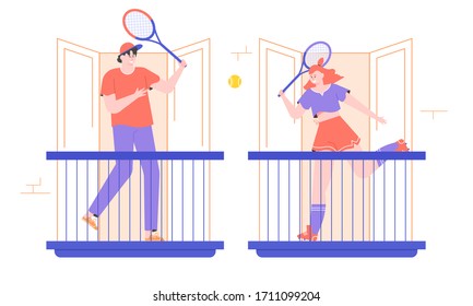 A young couple plays tennis on the balconies. Quarantine activities. Healthy lifestyle and sport at the home. A guy and a girl with tennis rackets hit the ball. Vector flat illustration.