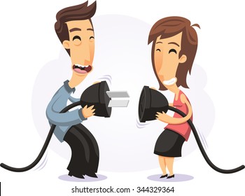 young couple plugging two giant plugs together