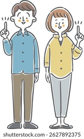 Young couple pointing, full body, vector