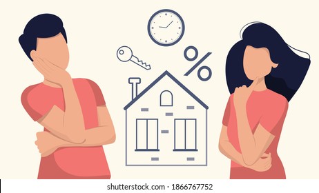 Young couple ponders over mortgage. A man and a woman are thinking about buying a house or a house.