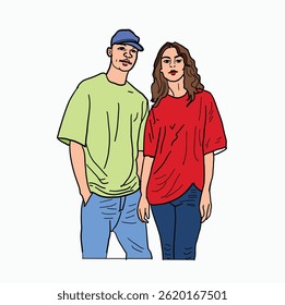 Young Couple Portrait. Cartoon Style Illustration