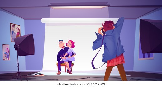 Young couple posing for camera in studio, photographer shooting girl sit on man knees front of backstage and light equipment. Boyfriend and girlfriend characters photoshoot Cartoon vector illustration