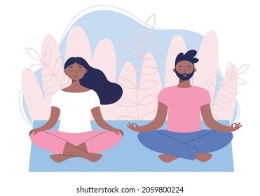 Young couple practice yoga in the lotus position. Man and woman. Meditation and relaxation vector illustration