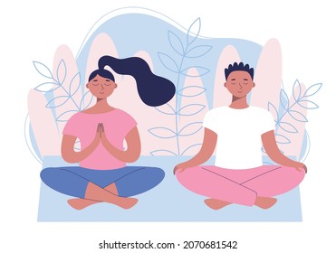 Young couple practice yoga in the lotus position. Man and woman. Meditation and relaxation vector illustration