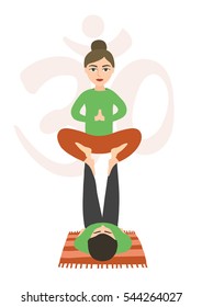 Young couple practicing acroyoga. Throne pose. Vector isolated illustration. Flat design. Om sign.