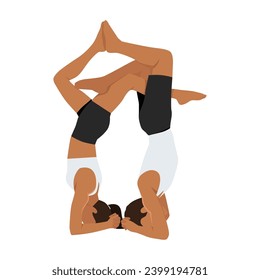 Young couple practicing acroyoga together. Flat vector illustration isolated on white background