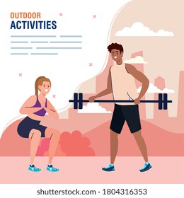 young couple practicing exercise outdoor, exercise sport recreation vector illustration design