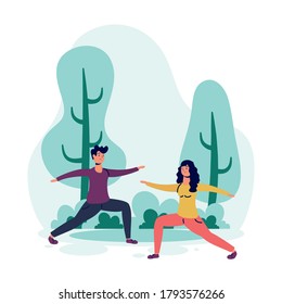 pareja joven practicando ejercicios de caracteres diseño de ilustraciones vectoriales