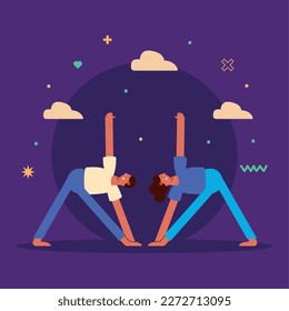 young couple practicing gymnastics characters
