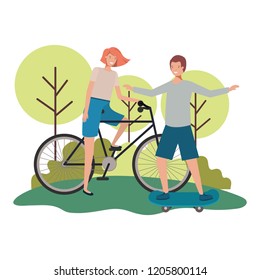 young couple practicing sports characters