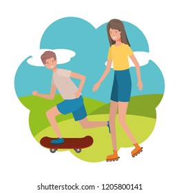 young couple practicing sports characters