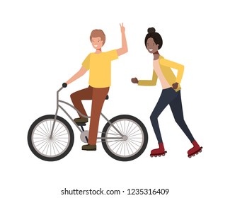 young couple practicing sports characters