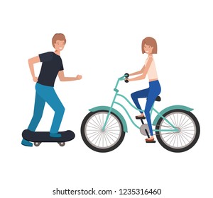 young couple practicing sports characters