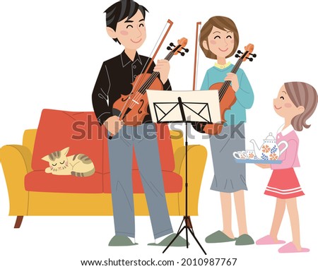 A young couple practicing the violin. A child with a tea set. A cat sleeping on the sofa behind.